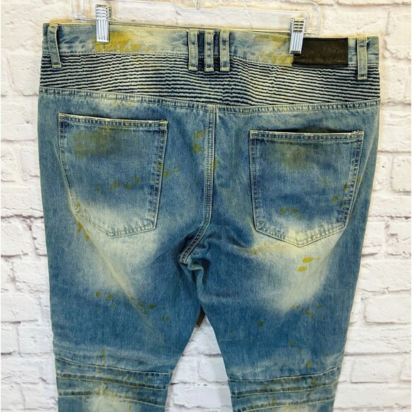 Embellish Mens Jeans‎ 38 x 33 Distressed Destroyed Biker Moto Gold Blue Denim - Picture 4 of 14